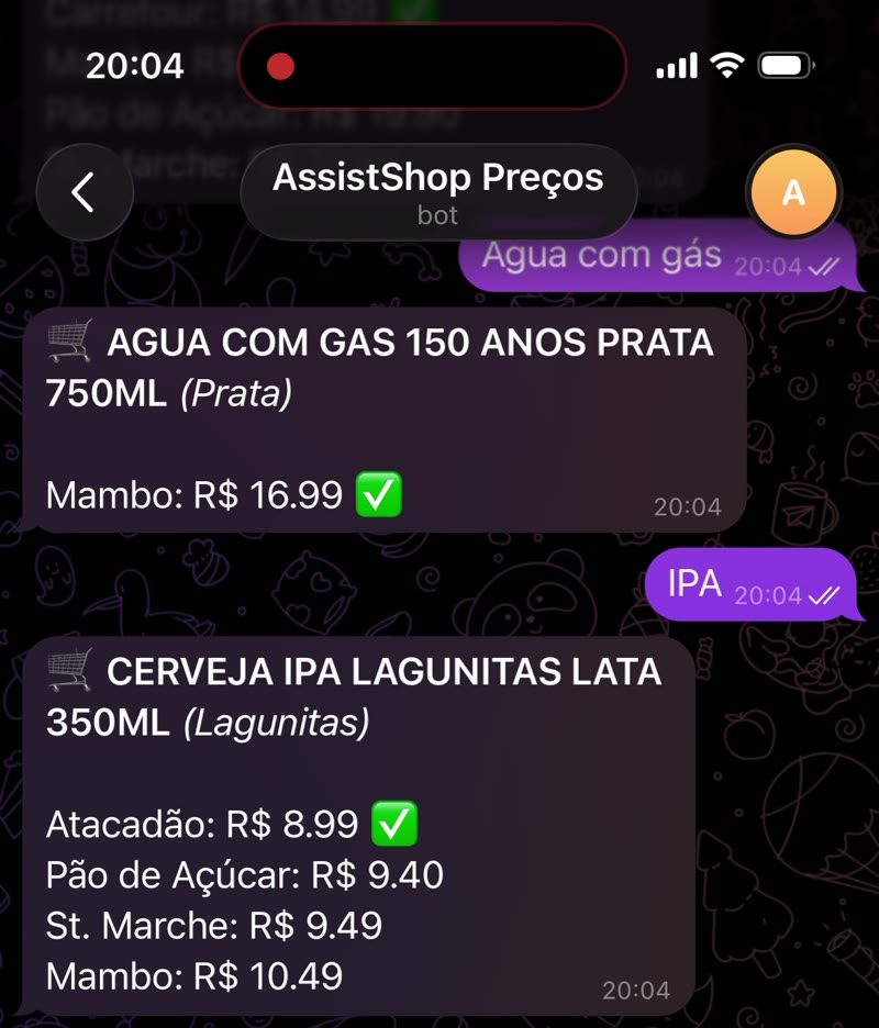 Conversa com o bot do AssistShop no Telegram mostrando o preço de uma cerveja em quatro mercados, com o mais barato destacado